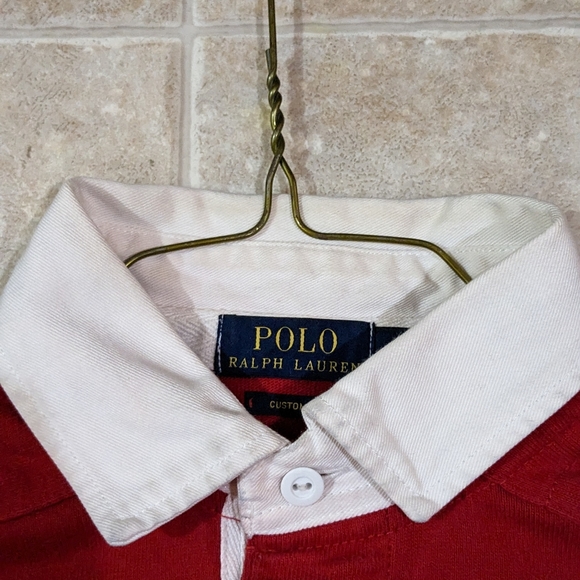 Red white and blue Polo Ralph Lauren long sleeve polo shirt with red arm pads - Picture 3 of 3